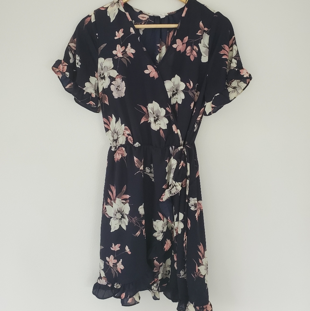 Navy floral wrap dress